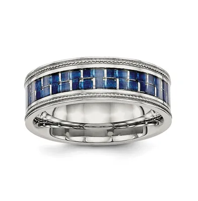 Chisel Stainless Steel Blue Fiber Inlay Textured Edge 8mm Band Ring
