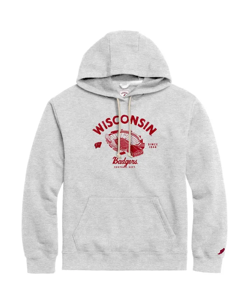 Men's League Collegiate Wear Heather Gray Distressed Wisconsin Badgers Stadium Essential Pullover Hoodie