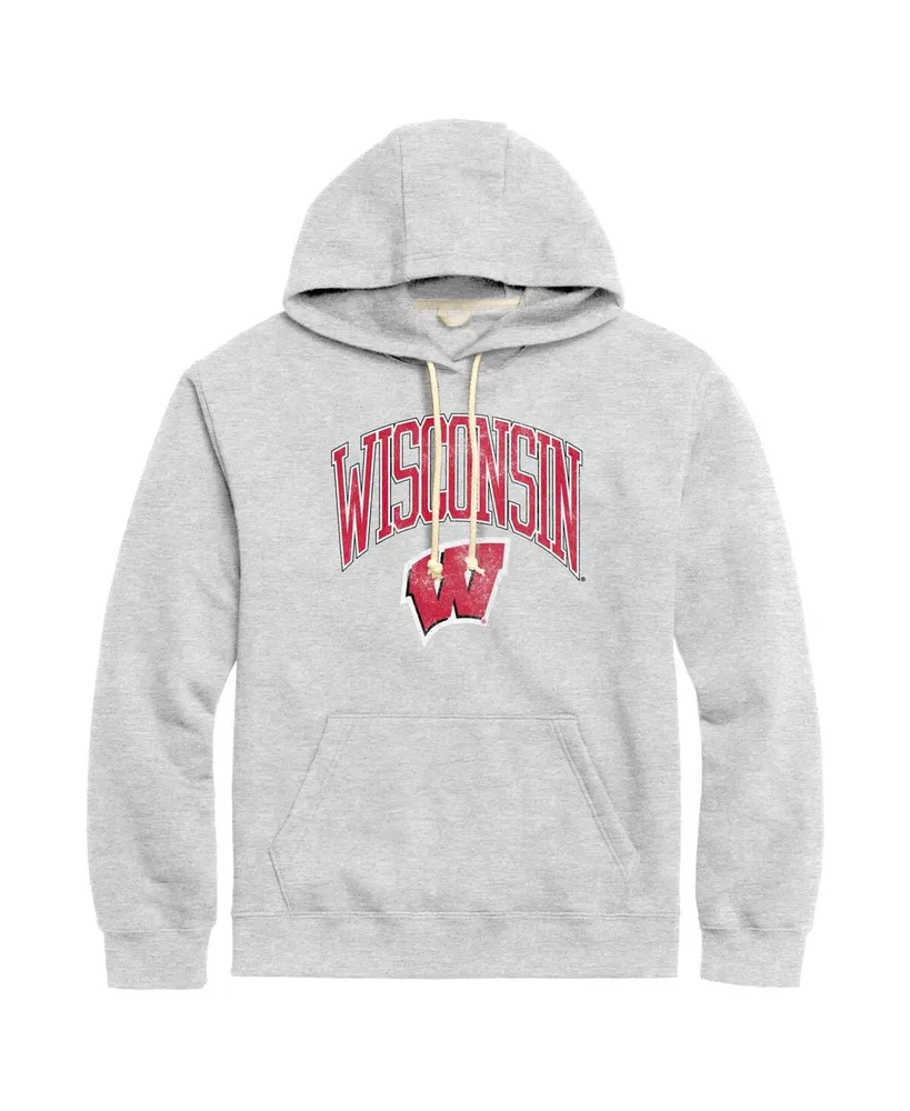 Men's League Collegiate Wear Heather Gray Distressed Wisconsin Badgers Tall Arch Essential Pullover Hoodie