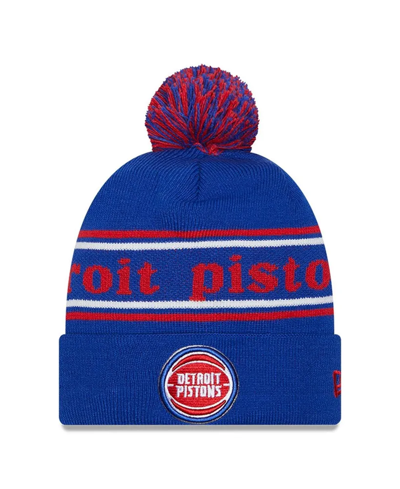 Men's New Era Blue Detroit Pistons Marquee Cuffed Knit Hat with Pom