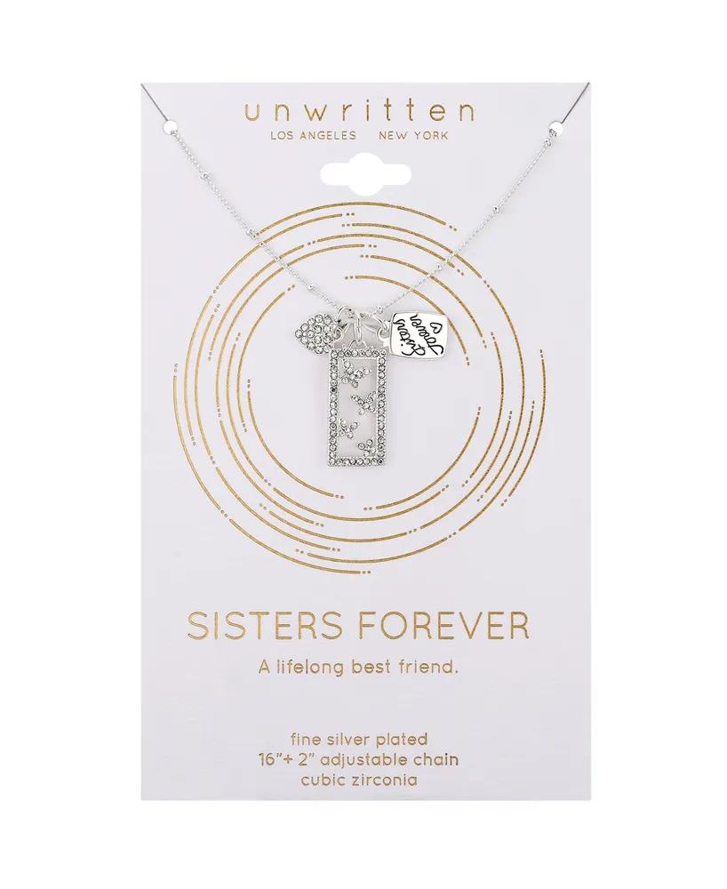 Unwritten Silver-Plated "Sisters Forever" and Crystal Butterfly, Heart Necklace