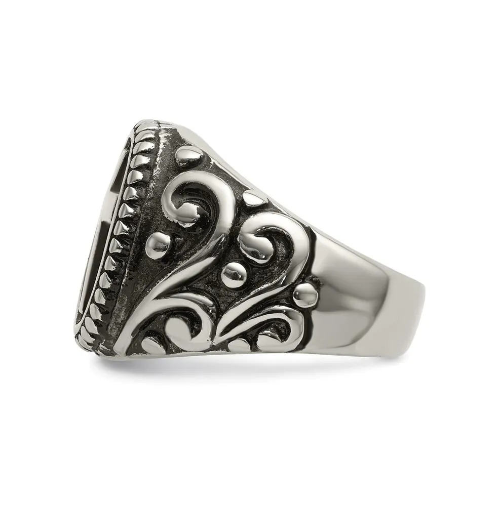 chisel Stainless Steel Antiqued and Polished Cross Ring