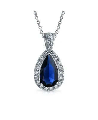 Bling Jewelry Classic Bridal Jewelry Pear Shape Solitaire Teardrop Halo Aaa 15CT Cz Simulated Blue Sapphire Pendant Necklace Prom Bridesmaid Wedding R