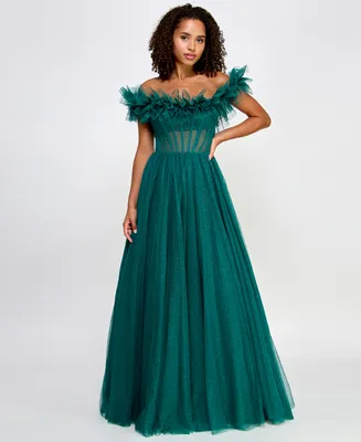 Say Yes Juniors' Ruffled-Neckline Shimmering Ball Gown, Created for Macy's