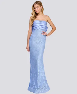 City Studios Juniors' Strapless Glitter-Lace Back-Bow Ball Gown, Created for Macy's