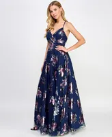 City Studios Juniors' Strappy Floral Metallic Mesh Gown, Created for Macy's