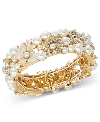 Charter Club Gold-Tone Imitation Pearl & Crystal Flower Stretch Bracelet, Created for Macy's