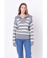 English Factory Women's Striped Knit Zip Pullover Sweater