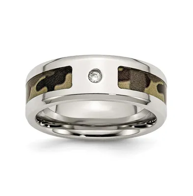 Chisel Stainless Steel Cz Printed Camo 8mm Band Ring