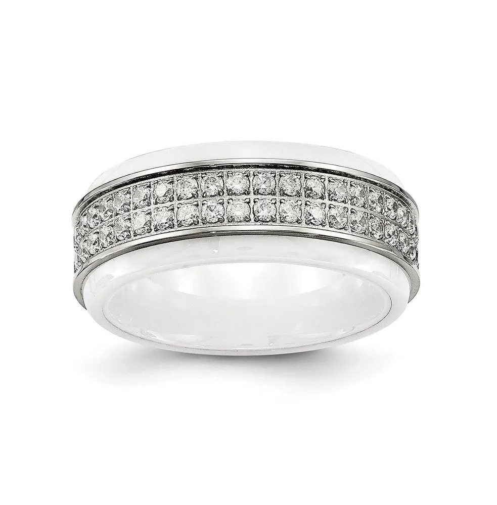 Chisel Stainless Steel Polished White Ceramic Cz Ridged Edge Ring