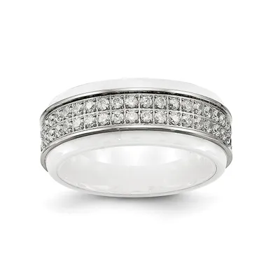 Chisel Stainless Steel Polished White Ceramic Cz Ridged Edge Ring