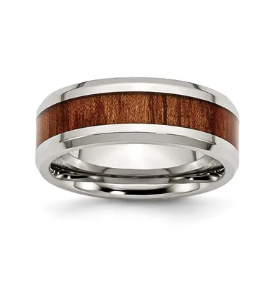 Chisel Stainless Steel Red/Orange Koa Wood Enameled 8mm Band Ring