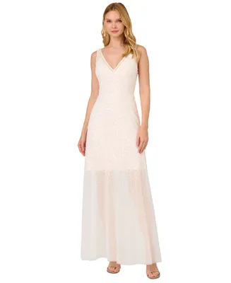 Adrianna Papell Women's Embellished Illusion V-Neck Gown