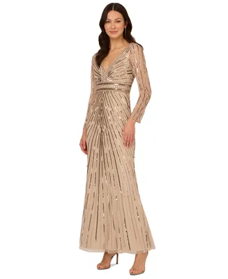 Adrianna Papell Women's Embellished V-Neck Long-Sleeve Gown
