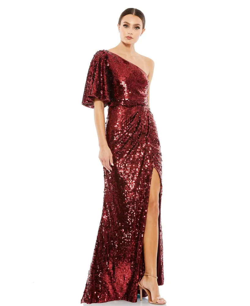 Mac Duggal Women's Embellished Bell Sleeve One Shoulder Neck Trumpet Gown