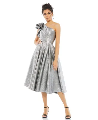 Mac Duggal Women's Metallic Ruffled One Shoulder Fit & Flare Midi Dress