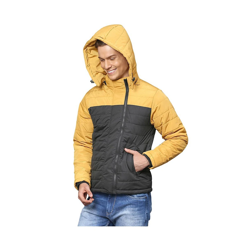 Campus Sutra Men's Mustard Yellow & Carbon Black Zip-Front Puffer Jacket