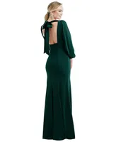 Womens Bishop Sleeve Open-Back Trumpet Gown with Scarf Tie