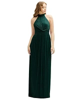 After Six Plus Band Collar Halter Open-Back Metallic Pleated Maxi Dress