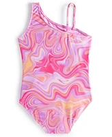 Breaking Waves Big Girls Cut-Out O-Ring Marble-Print One-Piece Swimsuit