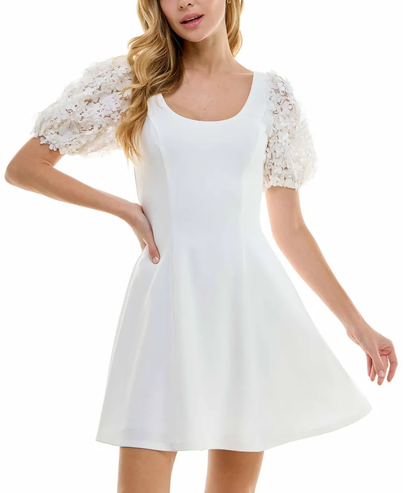 City Studios Juniors' Embellished Puff-Sleeve Fit & Flare Dress