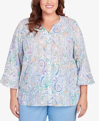 Alfred Dunner Plus Classic Pastels Paisley Flutter Sleeve Button Front Top