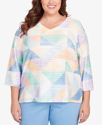 Alfred Dunner Plus Classic Pastels Textured Geo V-neck Top