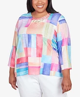 Alfred Dunner Plus Size Classic Brights Bright Patchwork Lace Neck Top