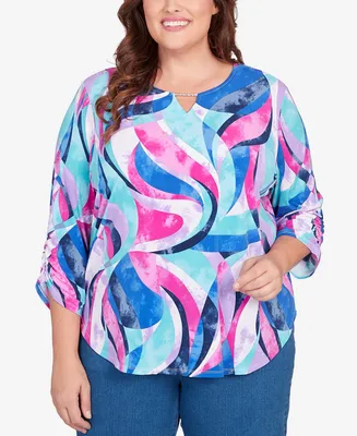 Alfred Dunner Plus Classic Puff Print Stained Glass Swirl Split Neck Top