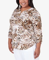 Alfred Dunner Plus Classic Puff Print Mixed Animal Split Neck Top