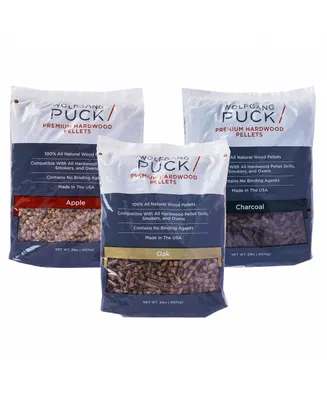 Wolfgang Puck Premium Hardwood Pellets for Smokers & Pellet Grills, 100% All-Natural Wood, Includes: Oak, Apple & Charcoal (Traditional Selection)