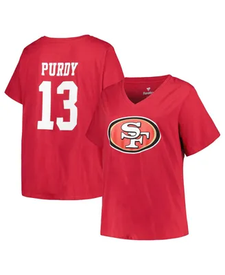 Women's Fanatics Brock Purdy Scarlet San Francisco 49ers Plus Size Player Name and Number V-Neck T-shirt