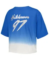 Women's Majestic Threads Aidan Hutchinson Blue, White Distressed Detroit Lions Dip-Dye Player Name and Number Crop Top