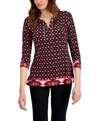 Jm Collection Women's Chain Lace-Up Border-Print Tunic, Created for Macy's
