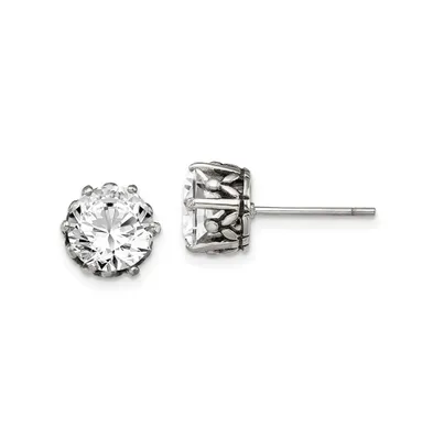Chisel Stainless Steel Antiqued and Polished Round Cz Earrings