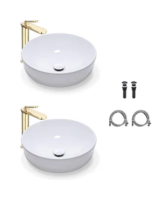 Aquaterior Round Ceramic Vessel Sink with Single Handle Faucet Drain Set of 2