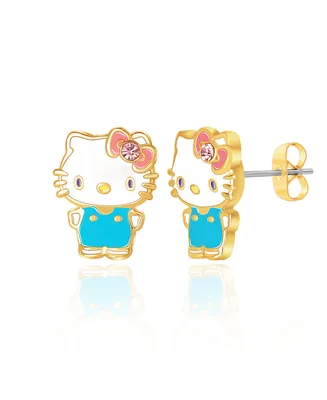 Sanrio Hello Kitty Brass Flash Plated Enamel and Pink Crystals Stud Earrings