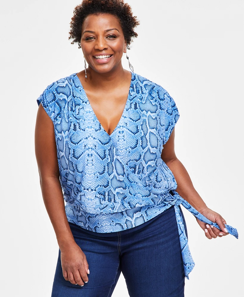 I.n.c. International Concepts Plus Snakeskin-Print Surplice Top, Created for Macy's