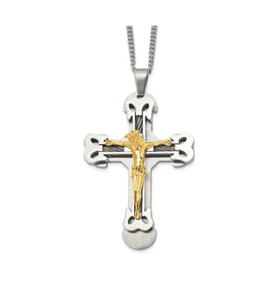 Chisel Brushed Yellow Ip-plated Cable Crucifix Pendant Curb Chain