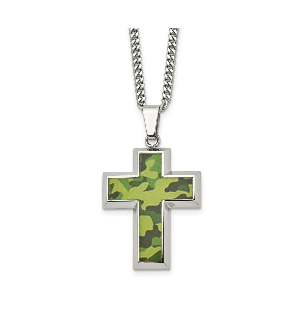 Chisel Printed Green Camo Under Rubber Cross Pendant Curb Chain