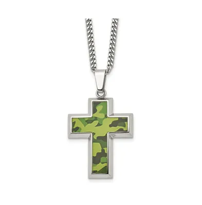 Chisel Printed Green Camo Under Rubber Cross Pendant Curb Chain