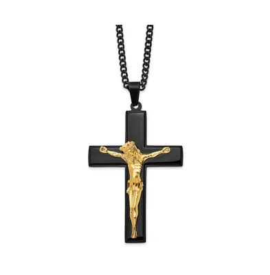 Chisel Black and Yellow Ip-plated Crucifix Pendant Curb Chain Necklace