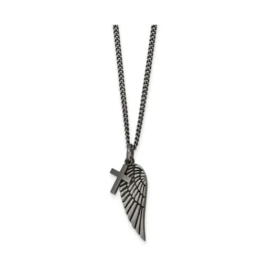 Chisel Antiqued Wing and Cross Pendant 19.5 in Curb Chain Necklace