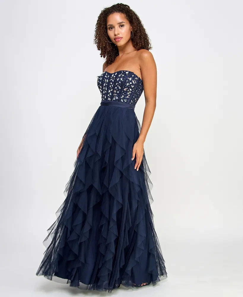 pear culture Juniors' Embellished Ruffled Strapless Gown