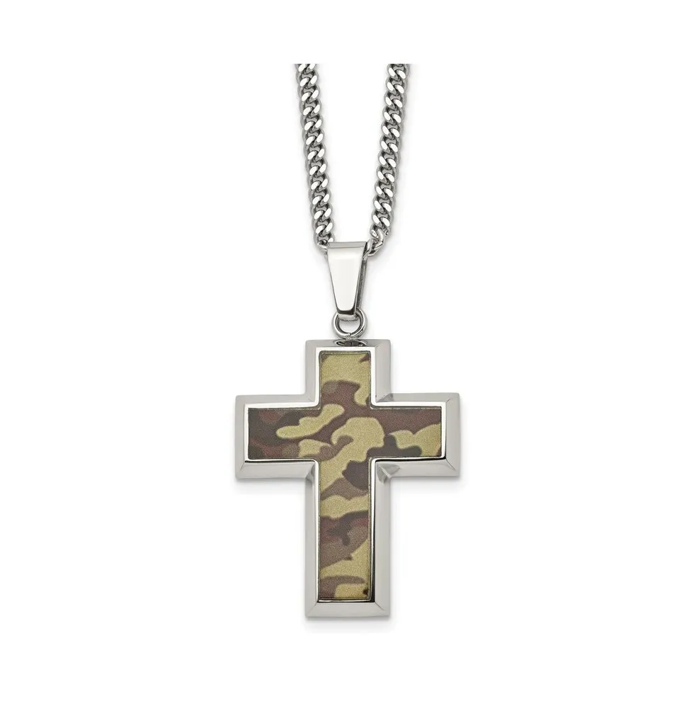 Chisel Printed Brown Camo Under Rubber Cross Pendant Curb Chain Necklace