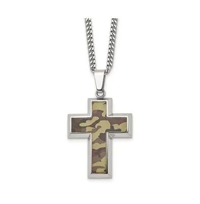 Chisel Printed Brown Camo Under Rubber Cross Pendant Curb Chain Necklace