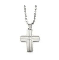 Chisel Brushed and Cz Grooved Cross Pendant Ball Chain Necklace