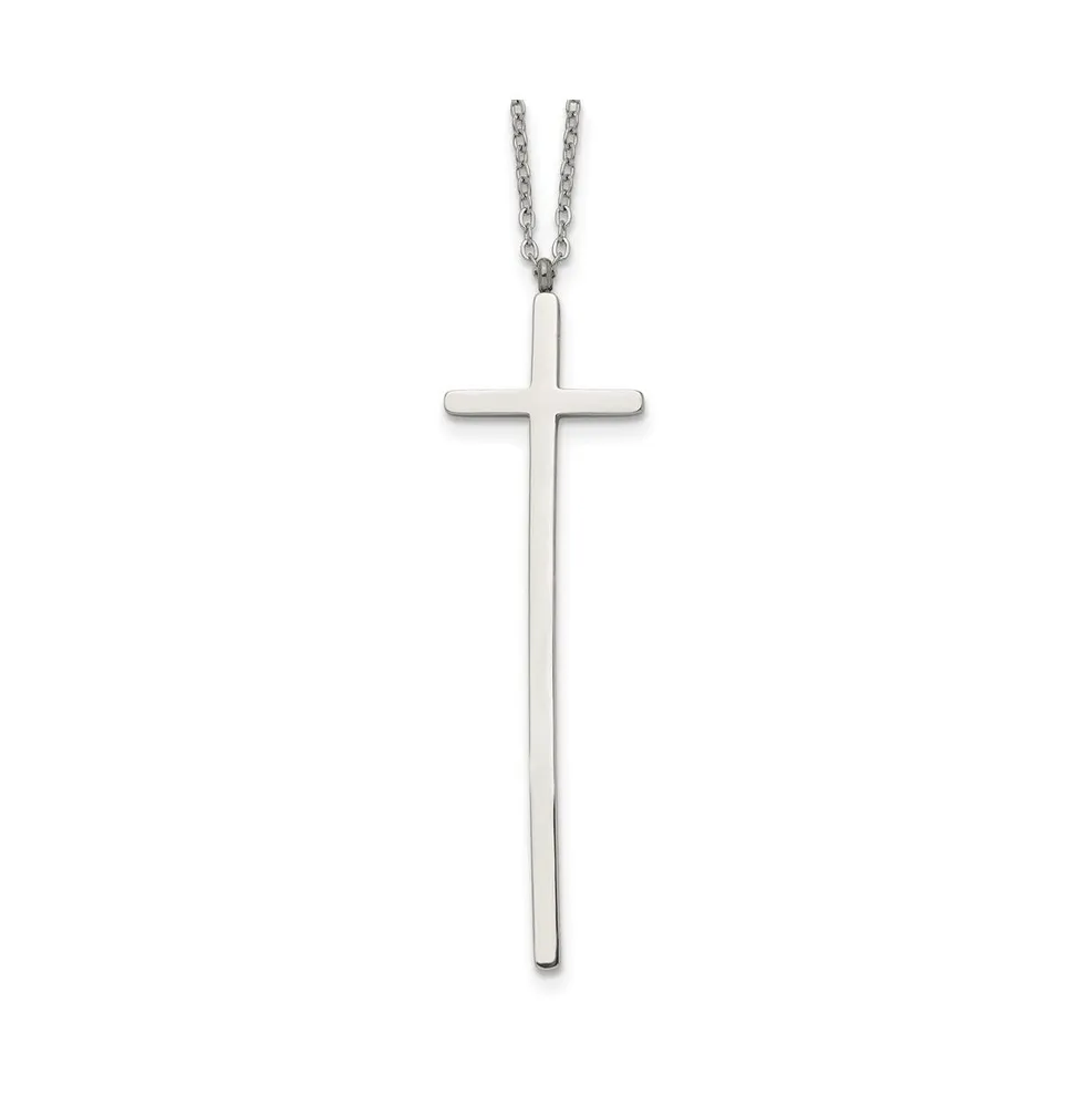 Chisel Polished Long Cross Pendant on a 30 inch Cable Chain Necklace