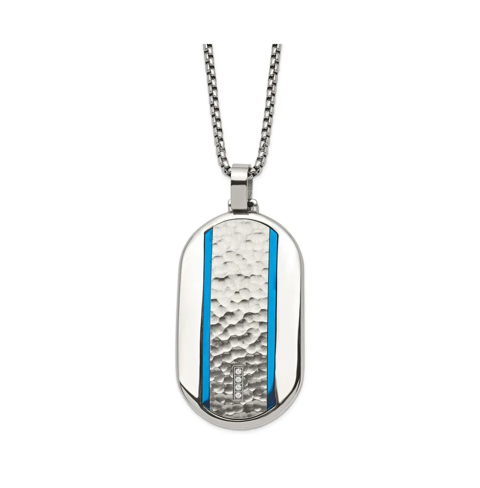 Chisel Brushed Blue Ip-plated Cz Rounded Dog Tag Box Chain Necklace