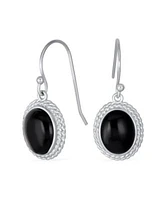 Bling Jewelry Western Style Black Natural Onyx Milgrain Cable Edge Oval Drop Earrings Sterling Silver Wire Fish Hook